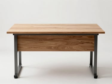 Straight-on studio photograph of a rectangular wood-laminate desk with metal frame legs, neutral white background, bright studio lighting, no people, top surface visible showing clean finish and edge banding
