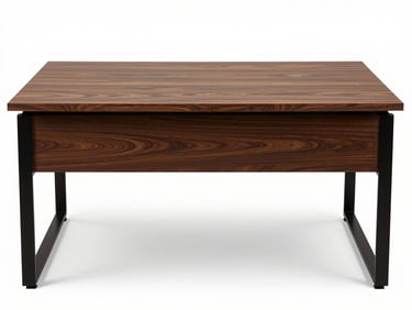 Straight-on studio shot of a rectangular executive desk with dark walnut wood surface and black metal legs, against a clean white background, bright diffused studio lighting, full-frame product view showing clean edges and surface texture