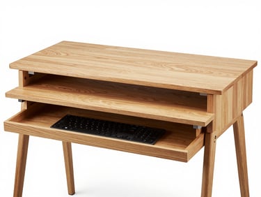 Straight-on product shot of a simple secretary desk with a built-in keyboard tray, light oak laminate surface, wooden legs, studio white background, bright even lighting, no people