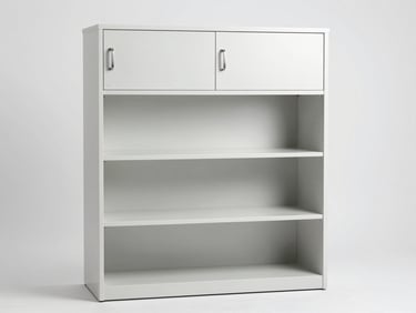 Straight-on studio shot of a tall four-shelf office storage cabinet in white laminate with metal handles and closed doors, against a clean white background, bright diffused studio lighting, full-frame product view showing cabinet proportions