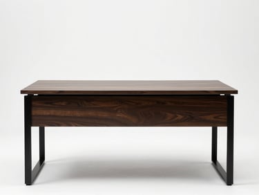Single modern office desk photographed straight-on against a clean white background, studio strobe lighting, dark wood surface and black metal legs, no people, full product visible