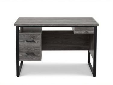 Straight-on product shot of a compact home office desk with two side drawers, dark gray laminate surface, black metal frame, studio white background, no people