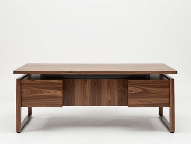 Straight-on shot of a solid wood executive desk against a clean white wall in an empty office, bright studio strobe lighting, dark metal legs, smooth surface showing natural wood grain texture, no people, full-frame product framing