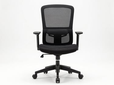 Straight-on studio shot of an ergonomic office chair with mesh back and armrests on a white background, bright even studio lighting, front-facing angle to show full form and dimensions