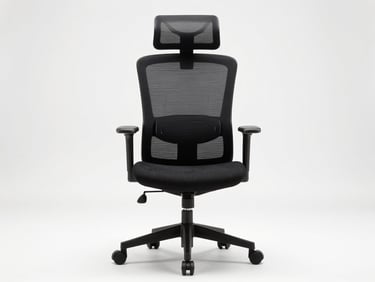 Straight-on studio shot of a high-back ergonomic office chair in black mesh fabric with adjustable armrests and five-star base, against a pure white background, bright diffused studio lighting showing full chair profile and seat structure