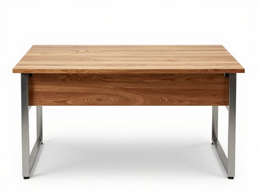 Straight-on studio shot of a solid wood office desk with metal legs on a white background, clean top surface, bright even lighting, no shadows, front-facing angle to show dimensions