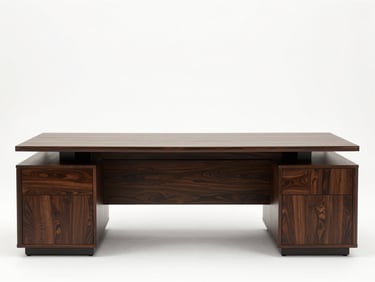 Straight-on product shot of a large double-pedestal executive desk, dark espresso wood finish, two drawer pedestals on each side, studio white background, bright even lighting, no people