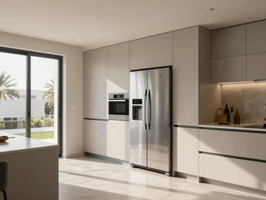 Wide environmental shot of a modern, clean Abu Dhabi villa kitchen, natural daylight streaming through windows, a premium built-in refrigerator integrated into cabinetry.