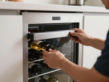 Close-up of a clean modern kitchen, focusing on a premium built-in wine chiller door being carefully aligned by a technician, crisp daylight.