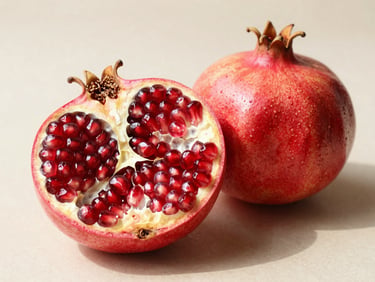Close-up of a halved pomegranate showing dense ruby-red arils in bright natural daylight, second whole pomegranate beside it, on a clean ivory surface, true colour, no filters