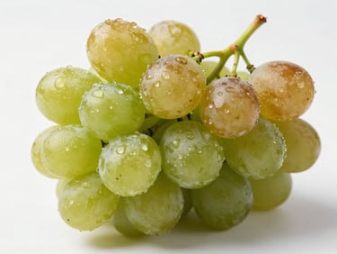 Tight cluster of ripe green-to-amber Indian table grapes on the vine, natural daylight from above, dewdrops on skin, clean white background, true colour