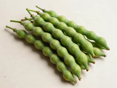 Fresh Indian drumstick pods (Moringa oleifera) in a loose bundle on a pale ivory surface, bright natural overhead daylight, vivid deep-green colour, true colour