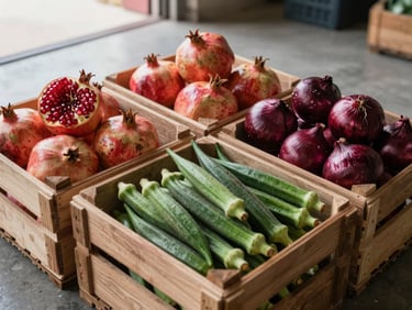 Medium close-up overhead view of sorted and graded fresh produce crates — pomegranates, green okra, and red onions in separate wooden export crates on a concrete floor, natural daylight from an open loading-bay door, no people