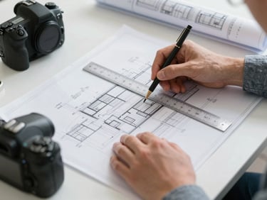 An engineer's hands reviewing detailed structural blueprints on a clean desk, architectural scale ruler, soft natural side lighting