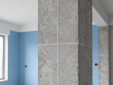 Detailed close-up of high-end apartment interior renovation, exposed concrete pillar, precise laser level lines, clean architectural workspace