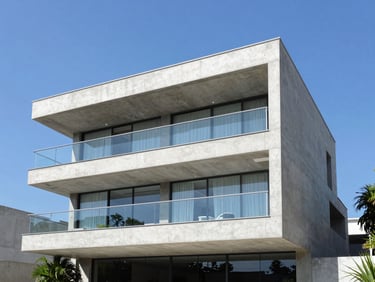 Crisp wide-angle architectural photography of a modern luxury concrete and glass villa in Brazil, bright natural daylight, clean blue sky