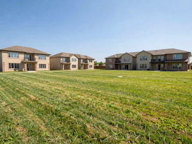 Wide shot of a sunny, clean residential land plot with green grass, ready for building, blue sky, daylight