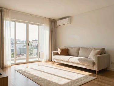 Cozy and bright living room of a modern Brazilian apartment, warm sunlight streaming through the window, realistic and clean
