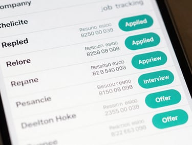 Close-up app screenshot of a job tracking table — rows listing company name, role title, resume version tag, submission date, and a status pill (Applied, Interview, Offer) on a light surface background, teal accent on active status pills, clean high-key lighting, no humans, tight crop on the table rows