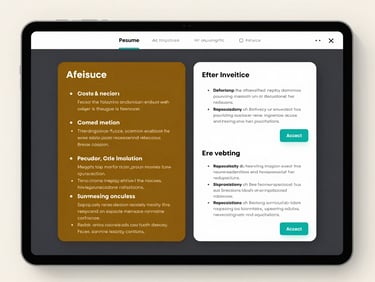Full-width product screenshot of an AI resume editor interface: a resume section open in edit mode with two bullet points highlighted in amber, an AI suggestion overlay panel on the right showing before-and-after text rewrites with teal accept buttons, clean app screenshot lighting on a light background, no humans, tight interface crop showing only the editor panel and suggestion overlay