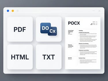 Product screenshot of an export preview panel showing four format tiles — PDF, DOCX, HTML, TXT — with a highlighted PDF preview of a clean resume template visible on the right side, clean interface, high-key studio lighting, tight crop on the export workflow
