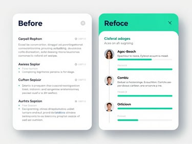 Product screenshot showing an AI suggestion overlay on a resume experience section — a before-and-after rewrite panel with the original dim text on the left and a highlighted AI-suggested improvement on the right, clean interface, electric teal accent highlights, high-key clarity