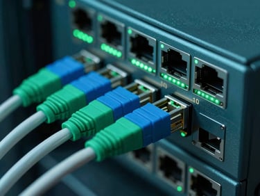 Macro shot of high-performance enterprise network switches, active fiber optic patch cables with green and blue connector boots, subtle green LED status lights.