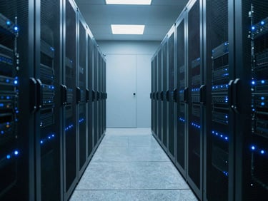 Perspective view down a clean, modern datacenter corridor, symmetrical rows of dark server enclosures with soft blue glowing status lights, polished concrete floor.