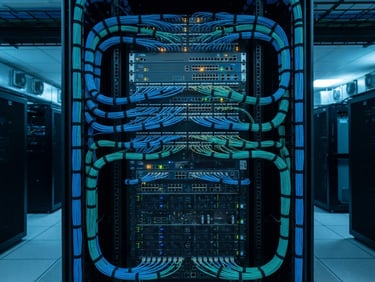 Symmetrical organized enterprise server rack, clean structured blue and green cabling, cool LED lighting, sharp architectural perspective.