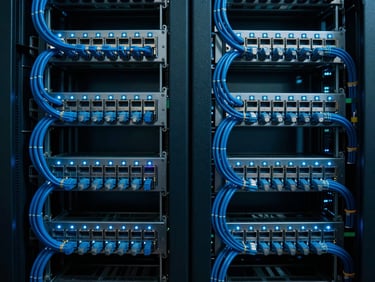 Symmetrical close-up of a meticulously organized enterprise server rack, color-coded blue Cat6 cables running in neat parallel bundles, cool blue LED indicators glowing, sharp macro lens.