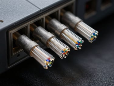 Macro close-up of fiber optic terminations in a patch panel, studio strobe side-lighting revealing glass fiber ends and precision connector labeling, deep dark background, no people, crisp material detail