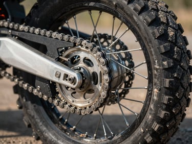 Close-up macro shot of a clean motorcycle chain and rear adventure tire with aggressive tread, dust on the rim, harsh high-contrast lighting.
