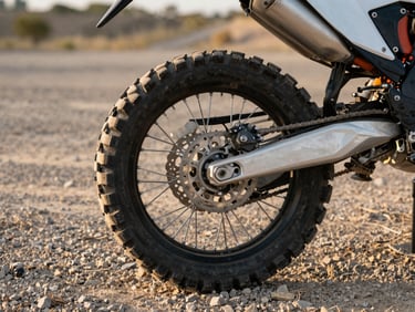 Rear wheel and chain of an adventure motorcycle, aggressive tread pattern, dusty gravel path background, warm late-afternoon light.