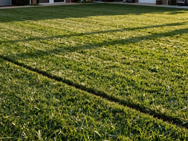 Same residential lawn after mowing and edge trimming, clean straight border line, even grass height, golden-hour side light showing well-maintained surface