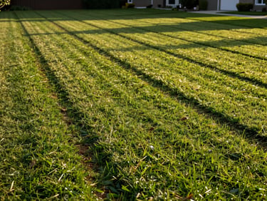Freshly mowed lawn with crisp parallel mowing lines on a residential property, golden-hour side light showing even surface texture and clean lawn edges