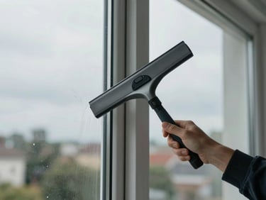 Window corner detail mid-cleaning showing squeegee streak removal, overcast daylight, clean glass reflection visible on the finished half, residential setting