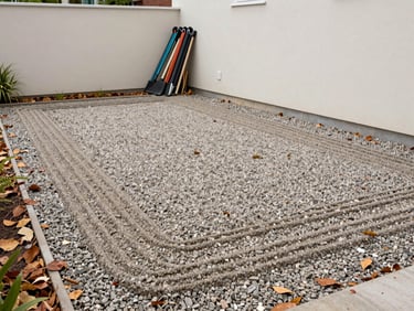 Swept and tidied residential yard showing raked gravel, cleared leaves, and stacked garden equipment against a clean wall, wide environmental shot in even daylight