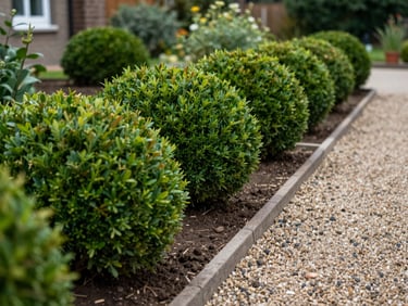 Close-up of neatly trimmed garden bed edges along a gravel path, overcast daylight revealing clean soil and shaped shrubs, residential garden context visible in background