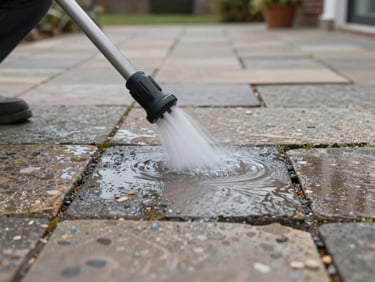 Close-up of natural stone paving after pressure washing, overcast daylight showing restored surface texture and clean grout lines on a residential patio