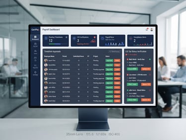 Front-on high-fidelity UI mockup of the GetPax payroll dashboard showing timesheet approvals and CIS tax status verification, clean navy and slate tones, sharp focus, 35mm