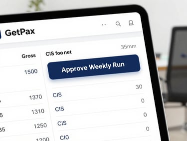 Close-up UI mockup of the GetPax payroll approval screen, showing a clean table of gross-to-net calculations, CIS deductions, and a prominent 'Approve Weekly Run' button in slate blue, sharp focus.