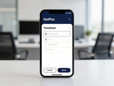 Crisp UI product photography of a smartphone screen showing the GetPax worker timesheet portal, simple clean input fields, clear submit button, bright neutral daylight, sharp focus.