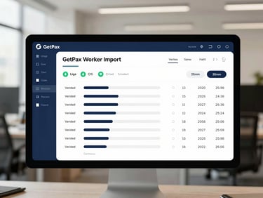 A crisp, high-fidelity UI mockup of the GetPax worker import screen, showing a clean data table with progress bars, verified CIS green badges, and a modern slate blue dashboard interface, bright neutral office daylight, sharp focus, 35mm.