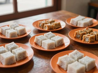 Overhead view of a dining table with plates of pempek and tekwan in a cozy Malang eatery