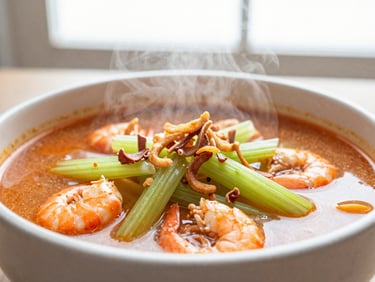 Steaming bowl of tekwan with shrimp broth, celery, and fried shallots, warm lighting, macro shot