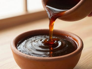 Dark rich cuko sauce being poured into a small clay bowl, warm backlight, high contrast