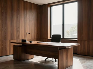 An elegant, minimalist interior of a private advisory office with rich wood textures and soft natural light streaming through a large window