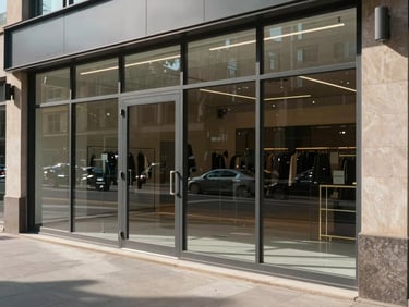 Wide shot of a storefront facade with freshly cleaned floor-to-ceiling glass panels in midday light, street reflection visible, no people
