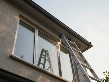 Low-angle view looking up at a residential window being cleaned from a ladder in morning light, the cleaned upper pane gleaming against a pale sky
