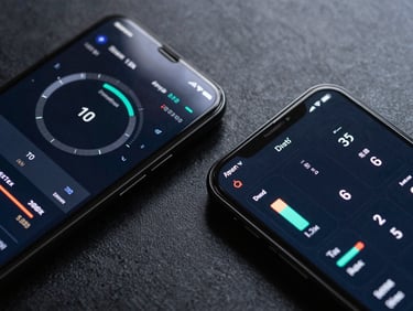 Extreme close-up overhead flatlay of two Android devices displaying performance metrics dashboards, cool flat studio strobe lighting, dark matte surface beneath, sharp pixel-level detail visible on both screens